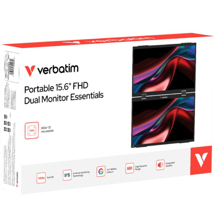 Verbatim Essentials Monitor Portátil Táctil Dual 15.6" Full HD, Doble Pantalla IPS, Negro